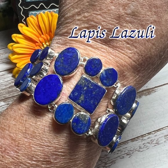 Lapis Lazuli Bracelet Natural Gemstone 925 Silver Handmade Large Ethnic Bohemian - Picture 1 of 14